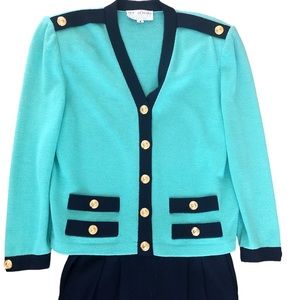 St. John Collection Knit Aqua Navy Blue Blazer Top Pant Suit Set Size Medium/ 4